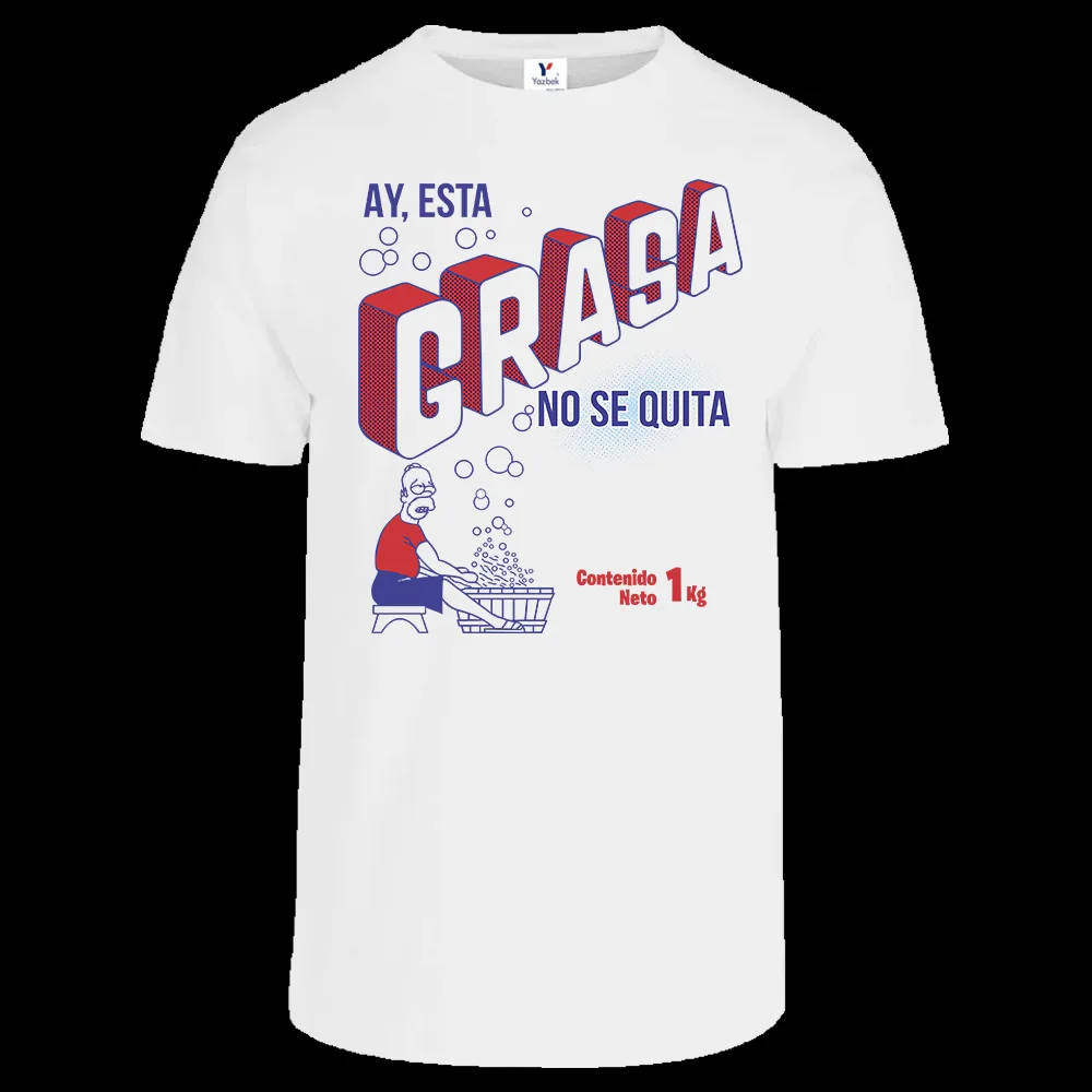 Playera blanca para Caballero con diseño humorístico "Esta grasa no se quita" estampado al frente.