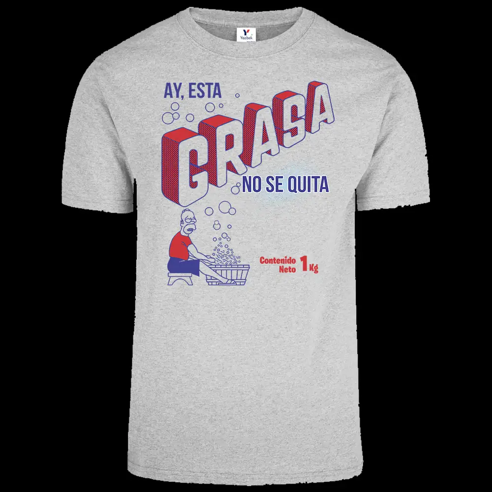 Playera gris jaspe para Caballero con diseño "Esta grasa no se quita" impreso en la parte frontal.