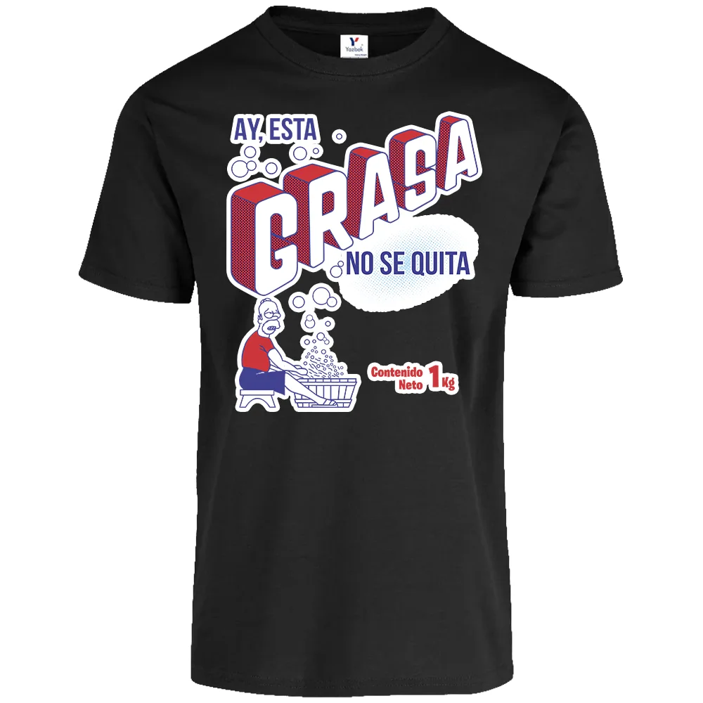 Playera negra para Caballero con diseño cómico "Esta grasa no se quita" impreso al frente.