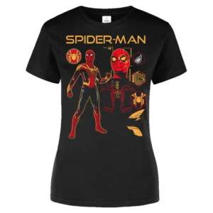 Playera negra inspirada en Spider-Man con diseño de armadura tecnológica disponible en corte para Dama y Caballero