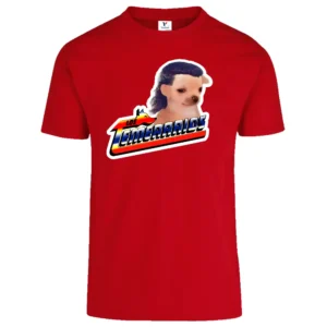 Playera roja parodia inspirada en Los Temerarios con divertido diseño de perrito disponible en corte de caballero y dama