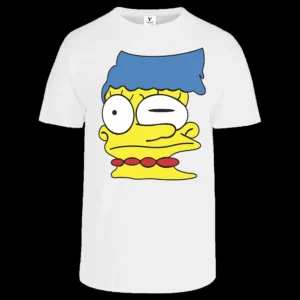 Playera blanca para Dama y Caballero con diseño parodia de Marge y efecto de impresión fallida inspirado en Los Simpson.